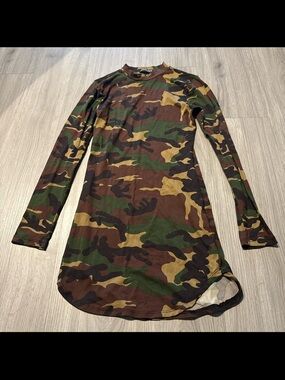 Camo Long Sleeve Tunic Dress - Green/Brown